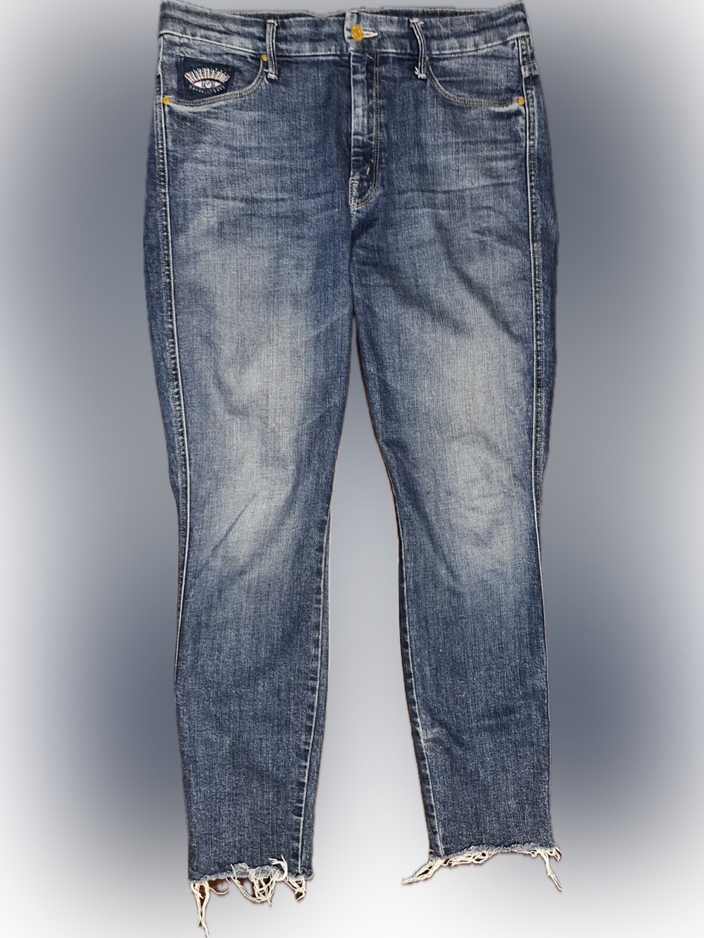MOTHER Distressed Medium Blue Cropped Straight Jeans